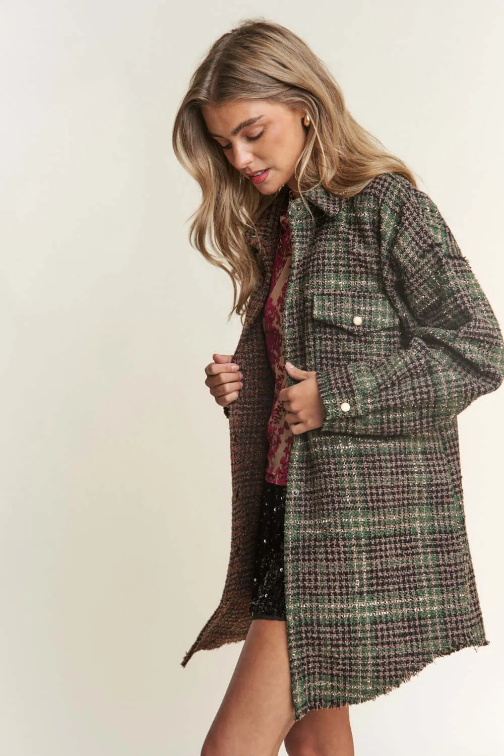 Misty Forest Green Snap Down Tweed Plaid Contrast  Longline Shacket