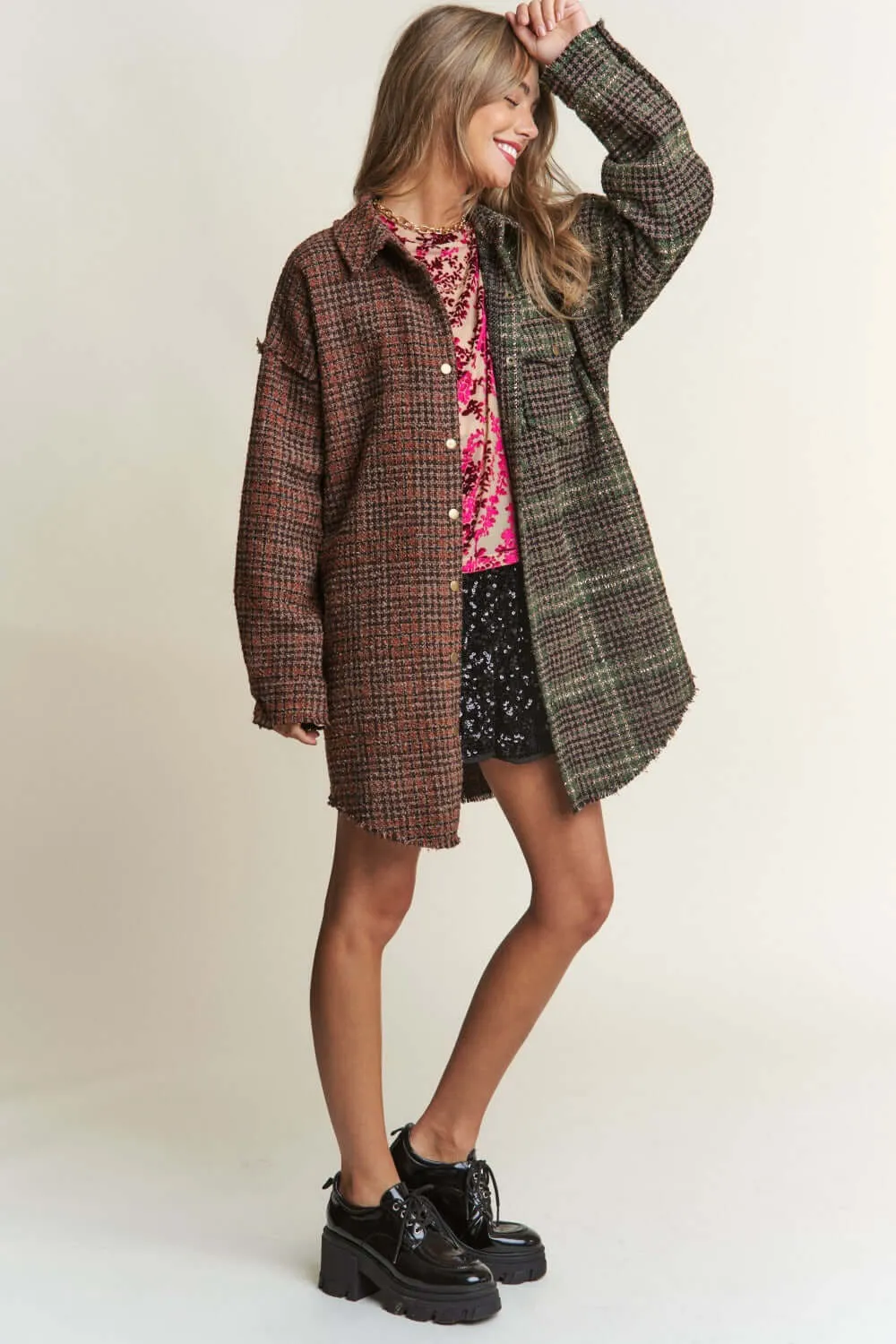 Misty Forest Green Snap Down Tweed Plaid Contrast  Longline Shacket