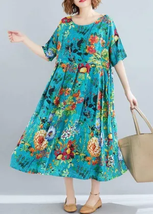 Modern o neck exra large hem linen cotton summer Robes Runway blue print Dresses