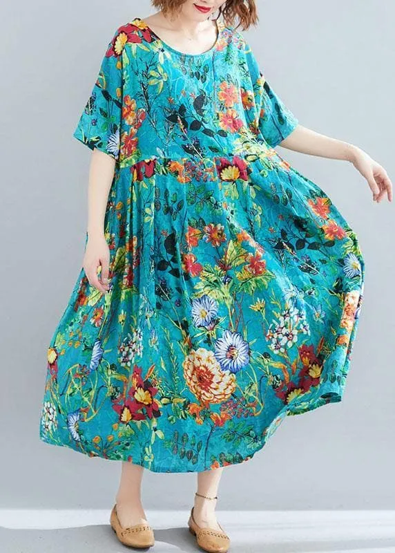 Modern o neck exra large hem linen cotton summer Robes Runway blue print Dresses