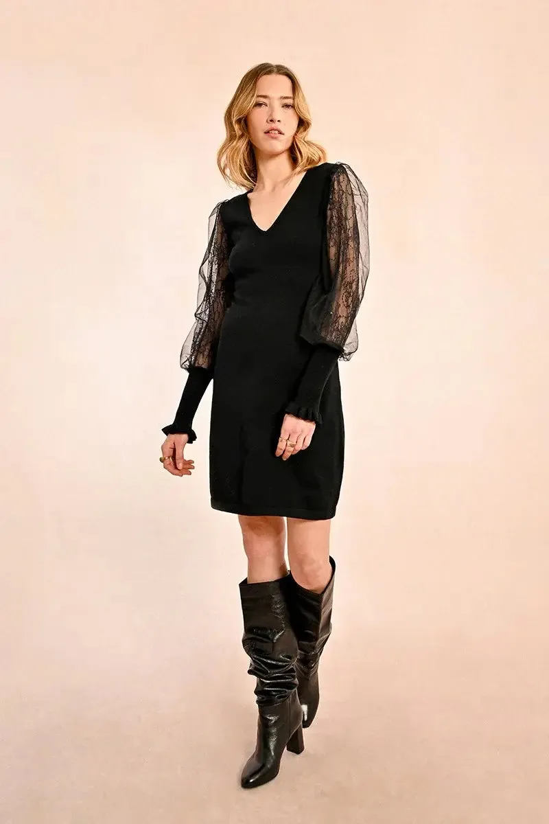 Molly Bracken Black Knit and Lace Sleeve Dress