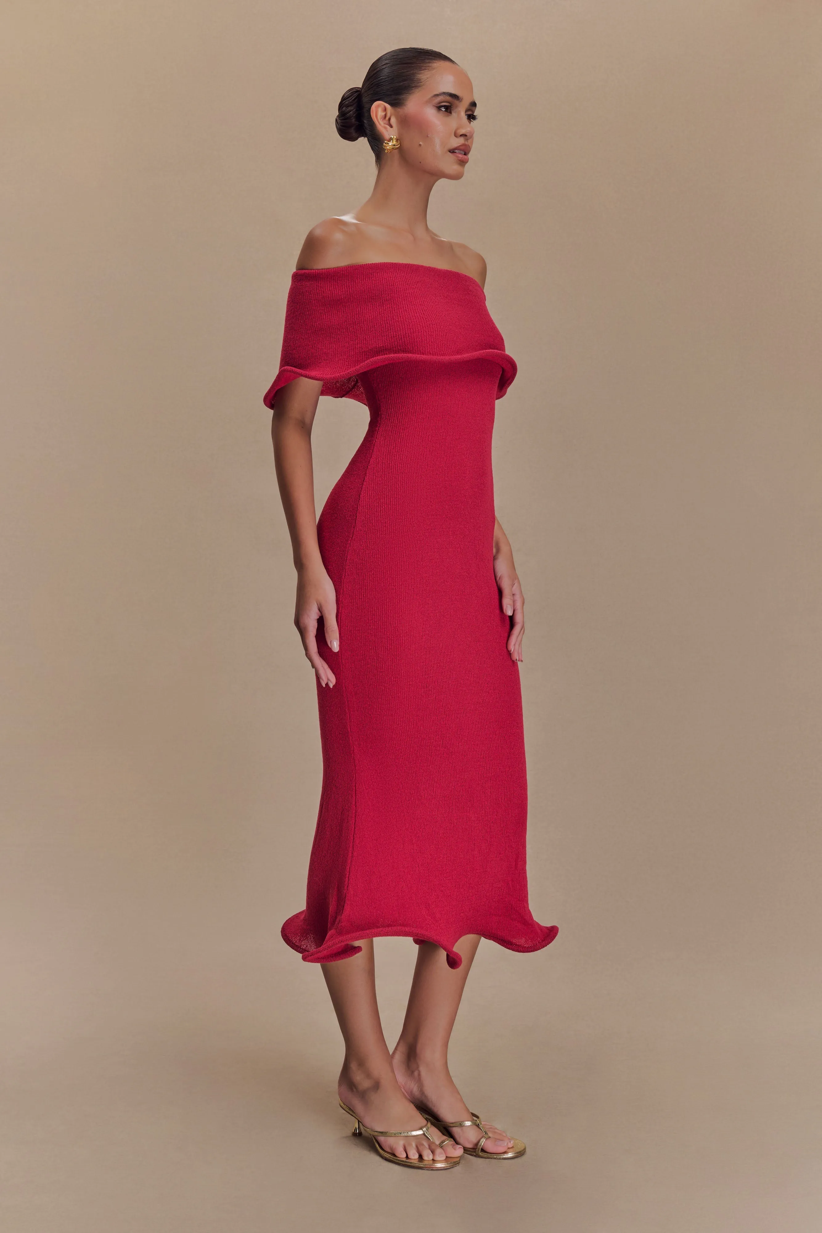 Molly Off Shoulder Knit Midi Dress - Raspberry