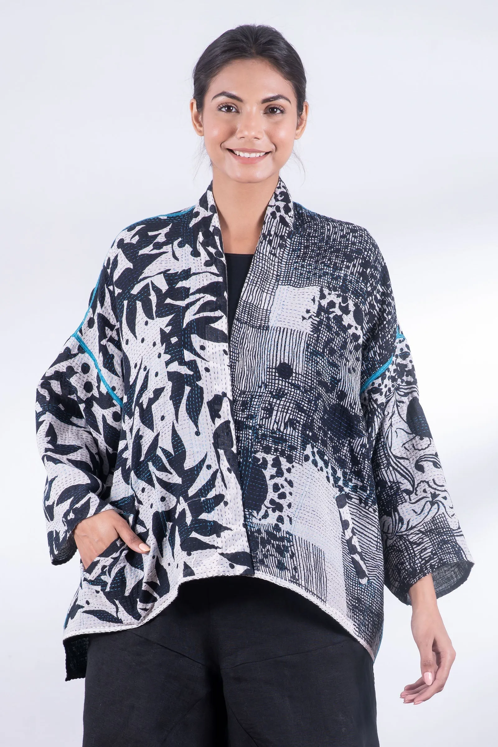 MONOTONE TWILIGHT PRINT KANTHA MINI KIMONO JKT - tp2055-wht -