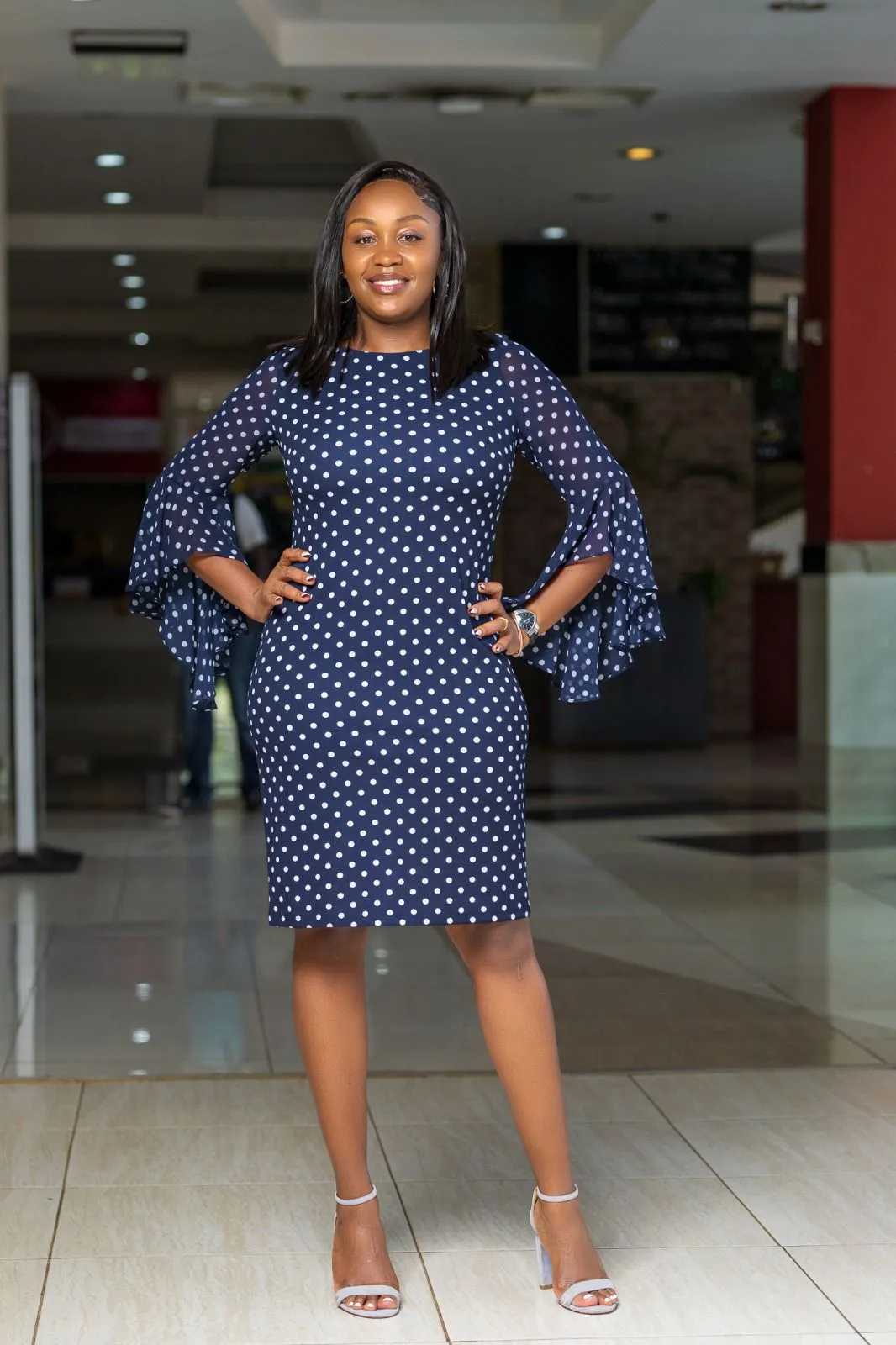 Navy polka handsleeve straight dress