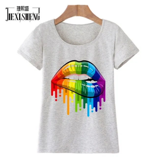 New women Summer Tops Tees Sexy Color Lips Painted T-Shirt