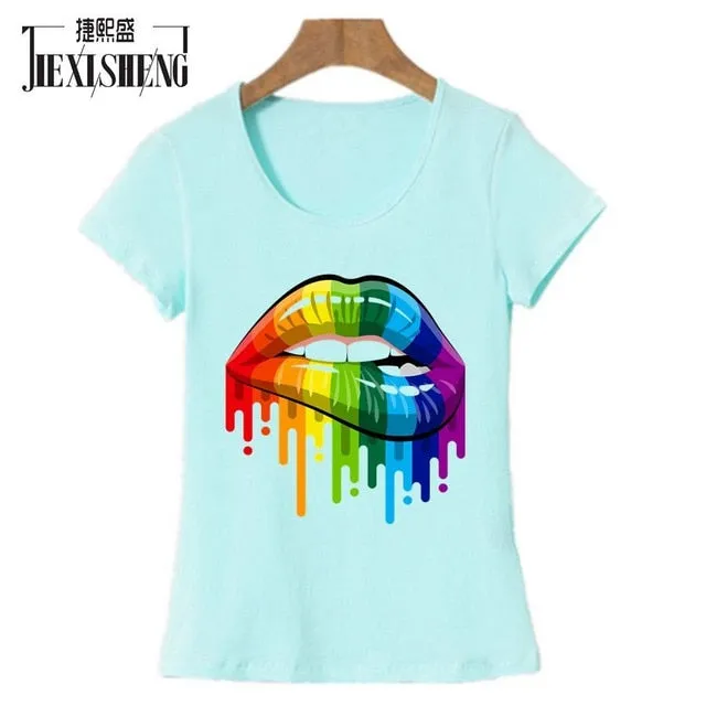 New women Summer Tops Tees Sexy Color Lips Painted T-Shirt