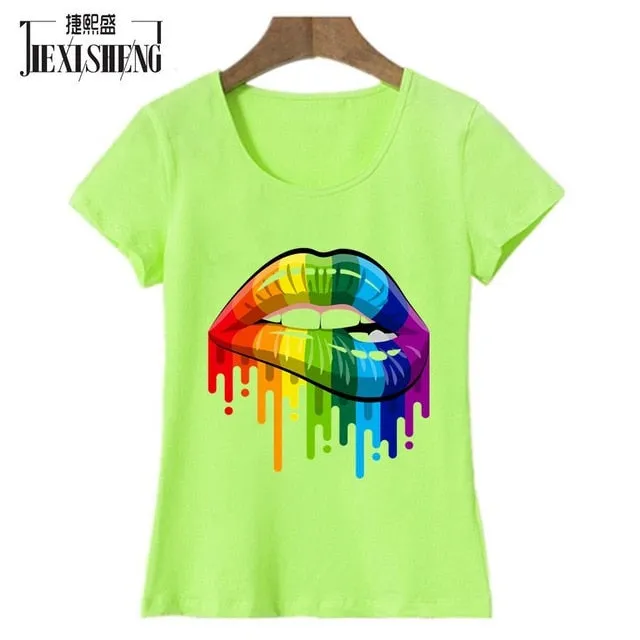 New women Summer Tops Tees Sexy Color Lips Painted T-Shirt