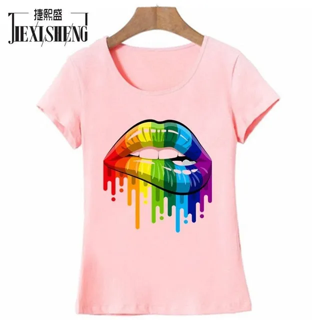 New women Summer Tops Tees Sexy Color Lips Painted T-Shirt