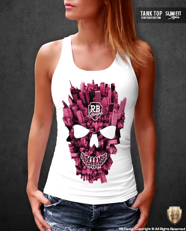 New York Manhattan Skull T-shirt Unique Ladies Graphic Tank Top WD346