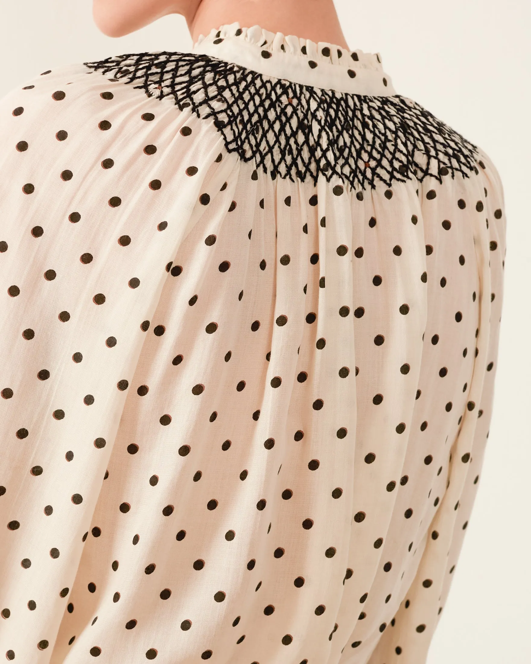 Nixie Cream Dot Smocked Blouse