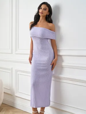 Off Shoulder Knitted Bodycon Solid Dress