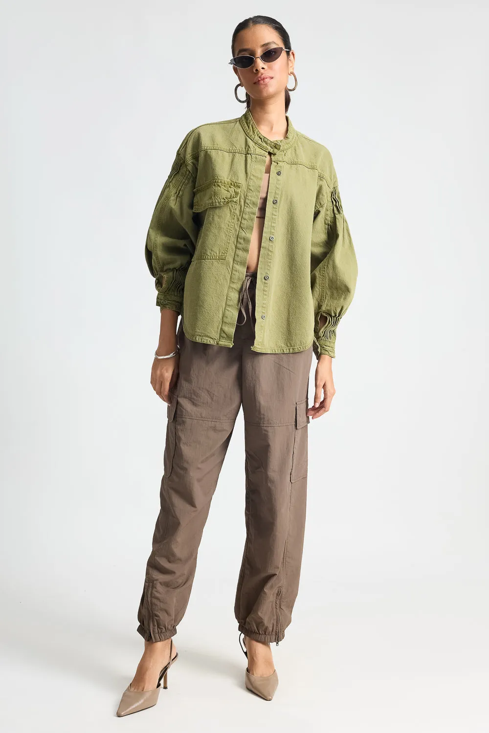 Olive Green Shacket With Pleats