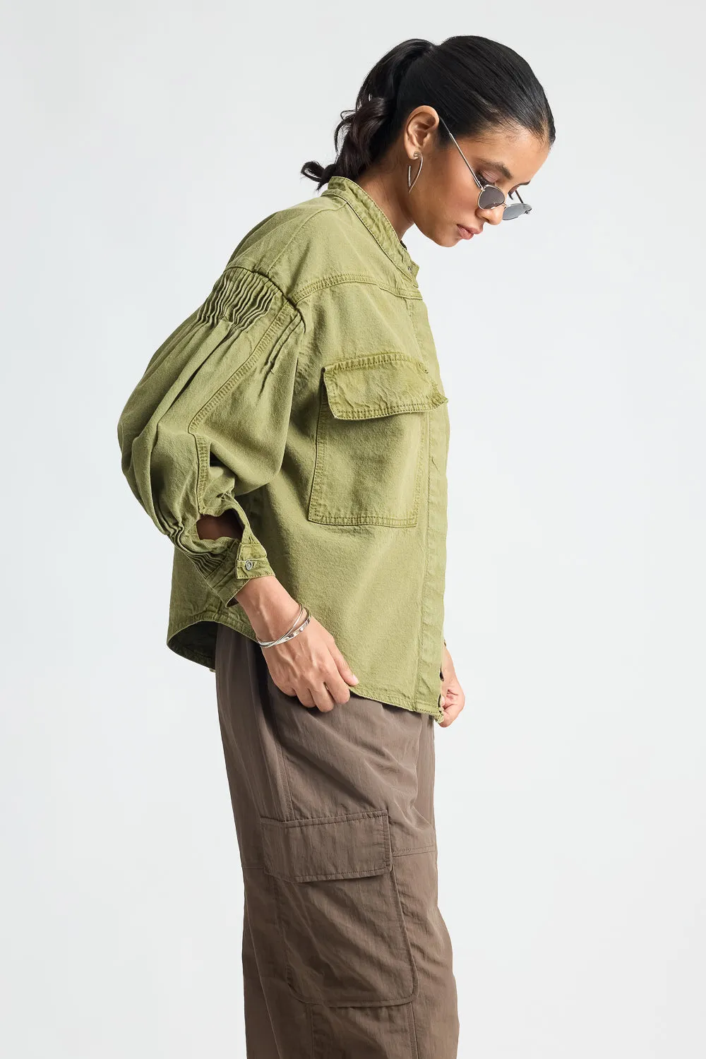 Olive Green Shacket With Pleats