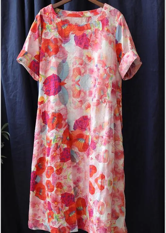 Organic O Neck Pockets Chiffon Summer Clothes Sleeve Red Print Dresses