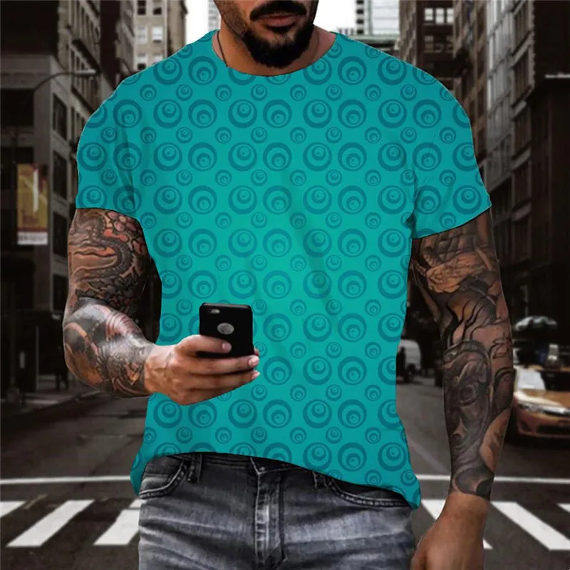 Peacock blue round geometric pattern t shirt t shirt 3D special texture men Casual art costume different