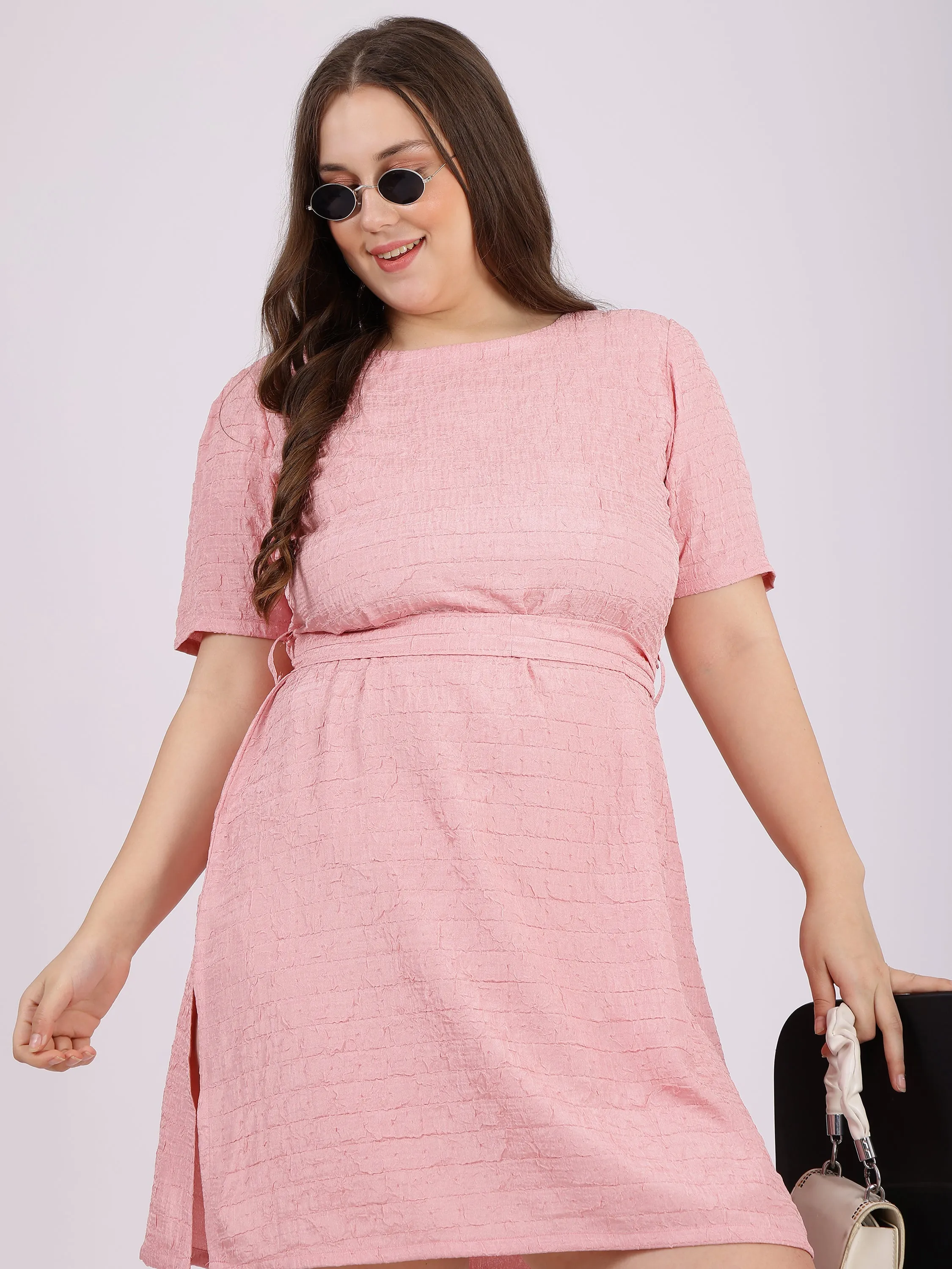 Pink Self-Texture Polyester A-Line Dress