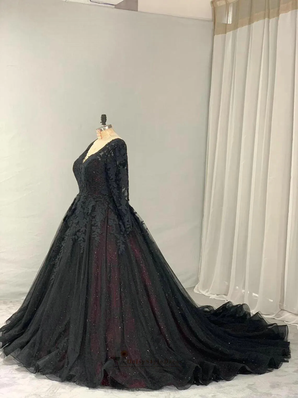 Plus Size Long Sleeve Black Lace Wedding Dress