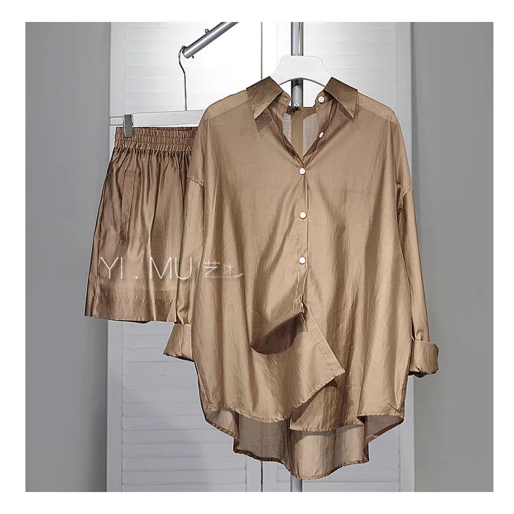 Pre Order:  Tencel Loose Sun Shirt   Short Set