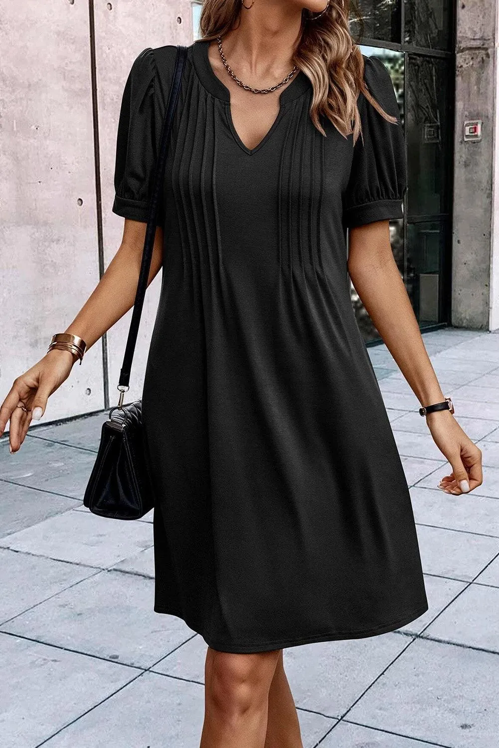 Puff Sleeve Shift Long Tunic Black T-Shirt Dress