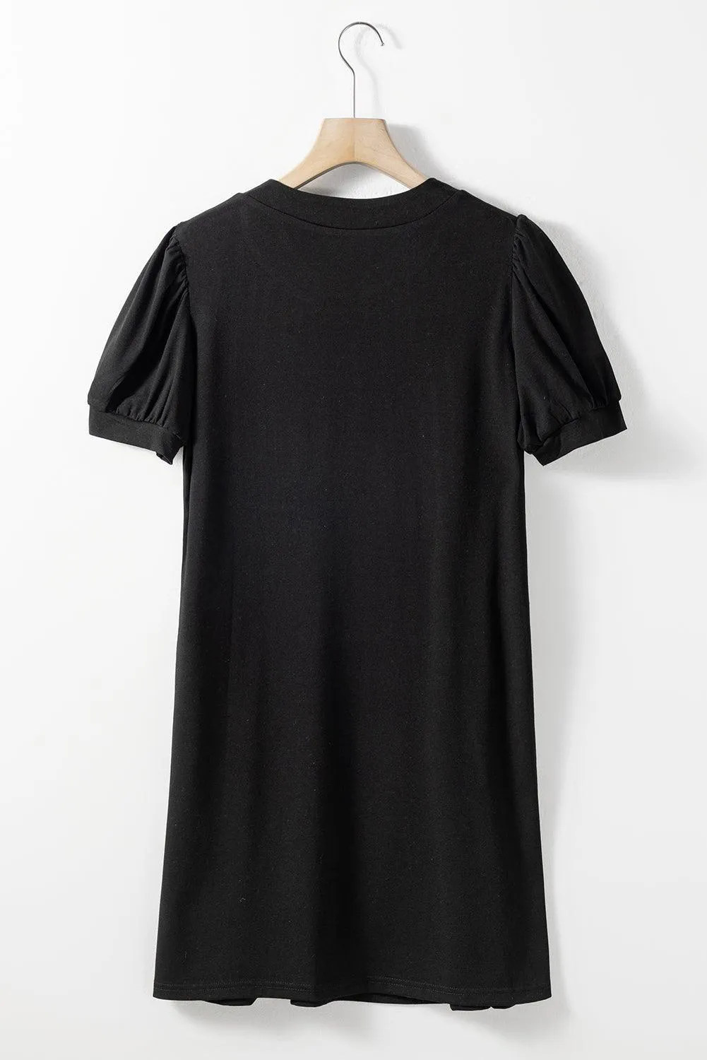 Puff Sleeve Shift Long Tunic Black T-Shirt Dress