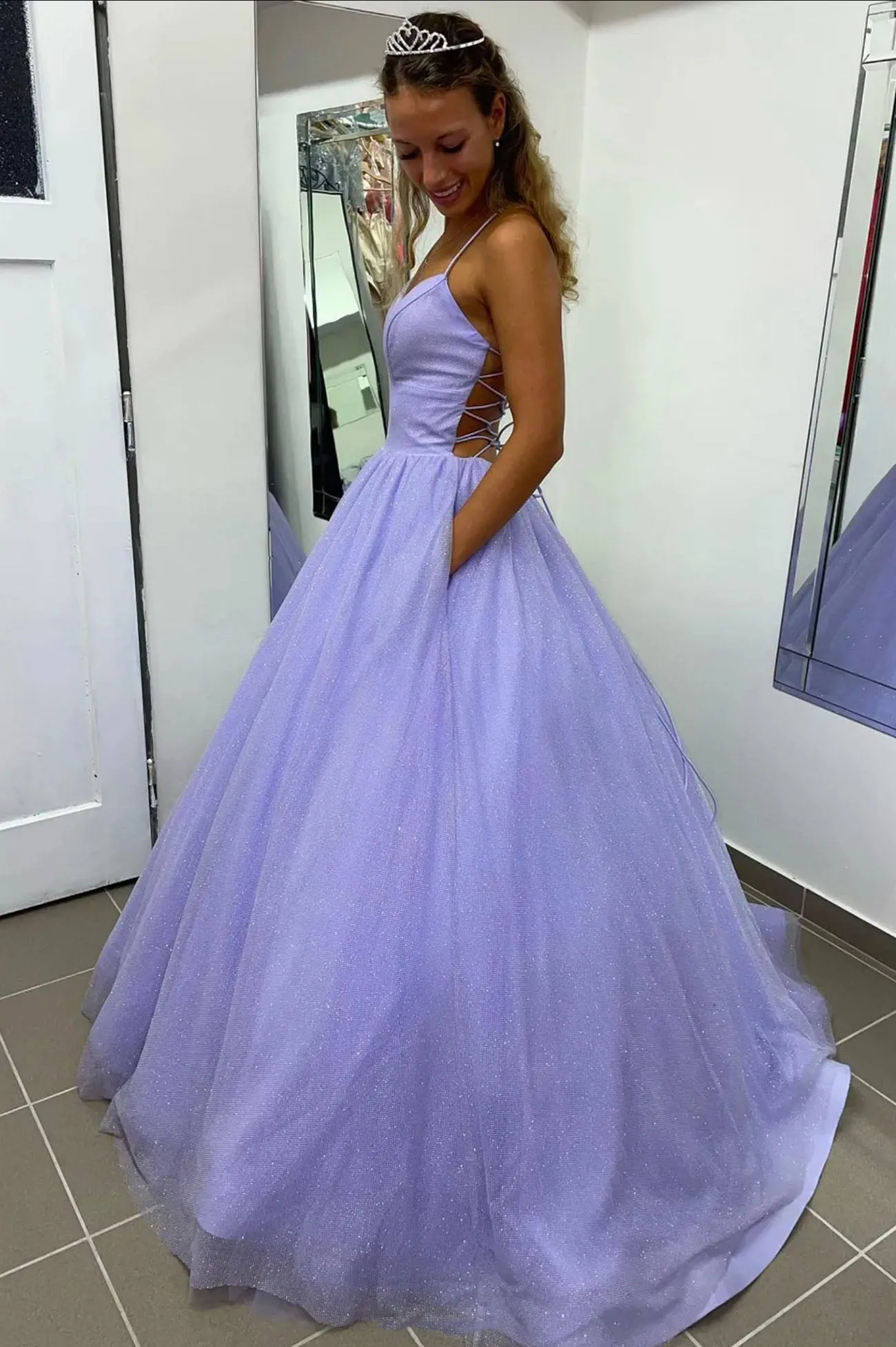 Purple Spaghetti Strap Tulle Long Prom Dress, A-Line Backless Evening Dress