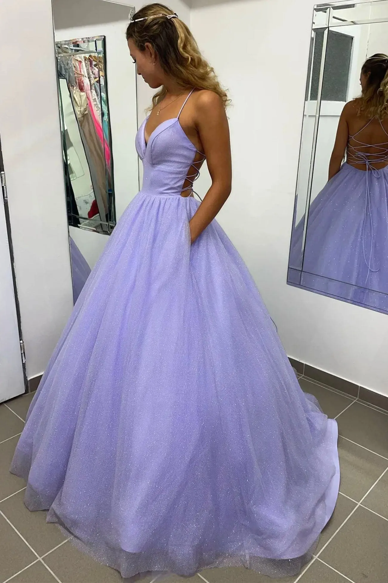 Purple Spaghetti Strap Tulle Long Prom Dress, A-Line Backless Evening Dress