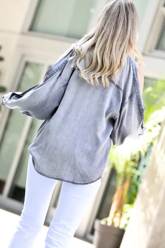 "Cold Shoulder" Denim Top-Grey