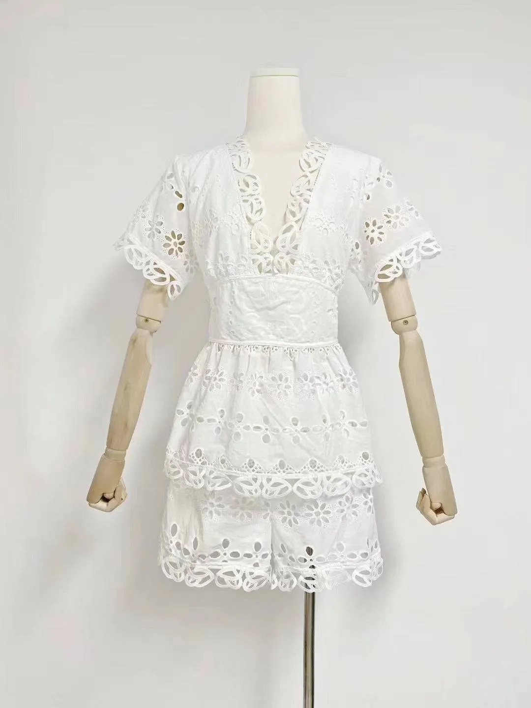 Ramona Short Sleeve V Neck Layered Lace Mini Dress