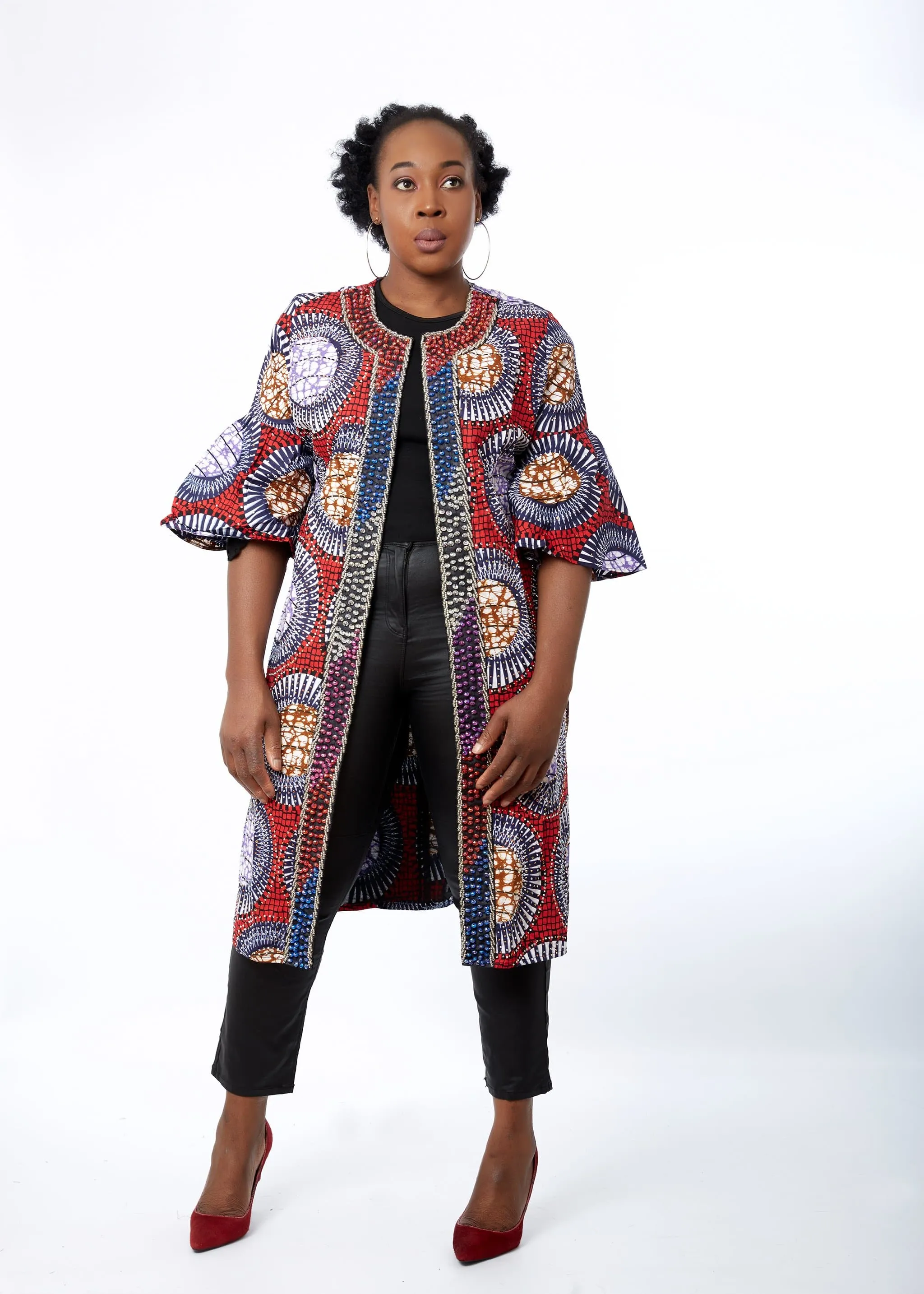 Remmy African Print Embellished Duster Midi Jacket