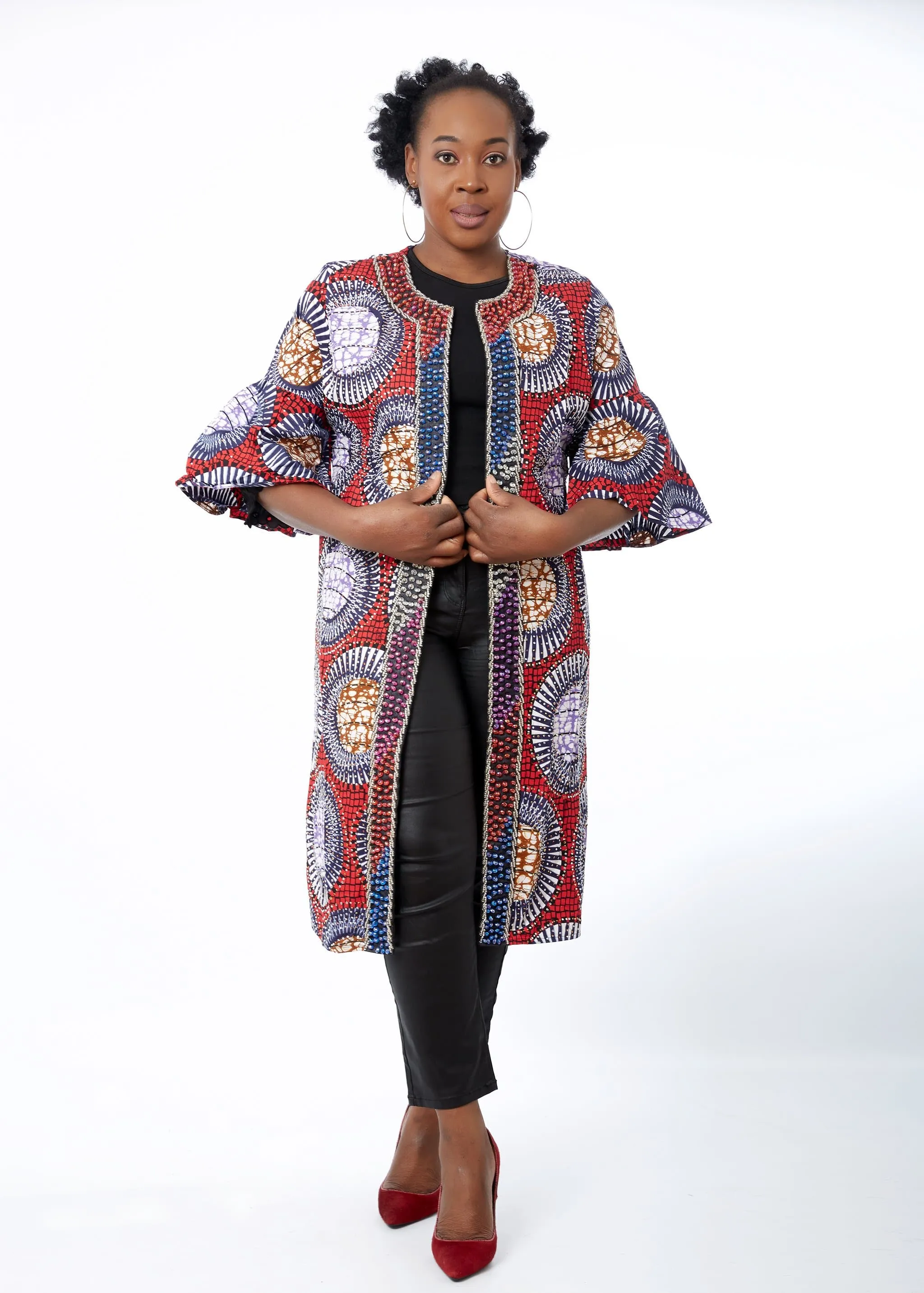 Remmy African Print Embellished Duster Midi Jacket