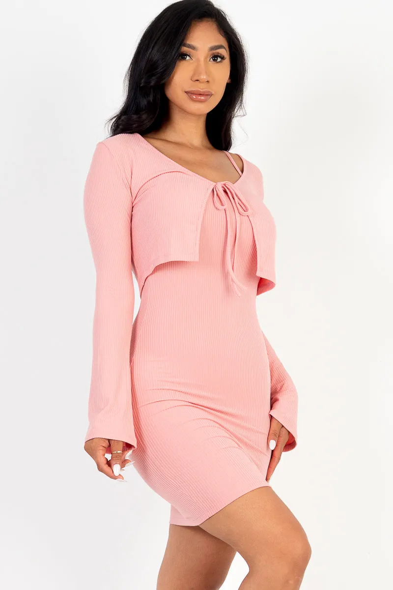 Rib Cropped Cardigan & Mini Cami Bodycon Dress (CAPELLA)