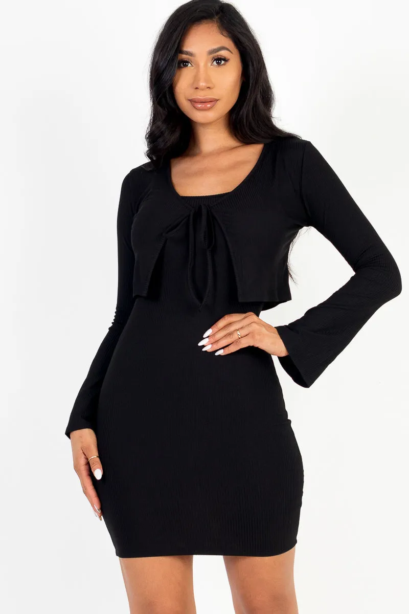 Rib Cropped Cardigan & Mini Cami Bodycon Dress (CAPELLA)