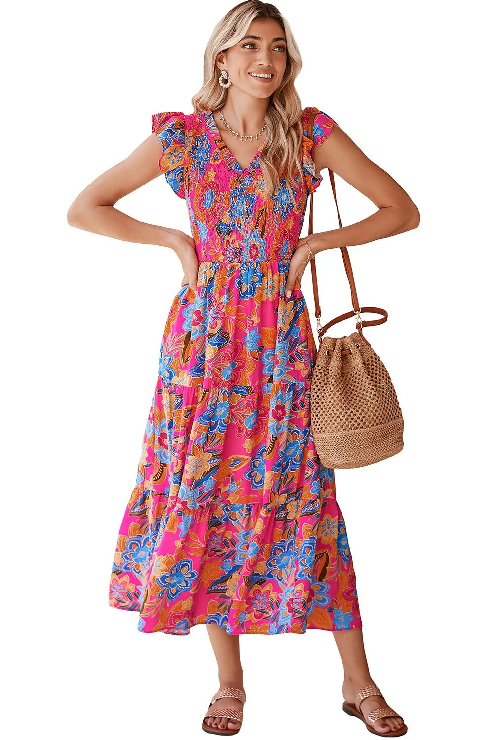 Rose Red Boho Floral V Neck Ruffle Tiered Long Dress - Shop Now