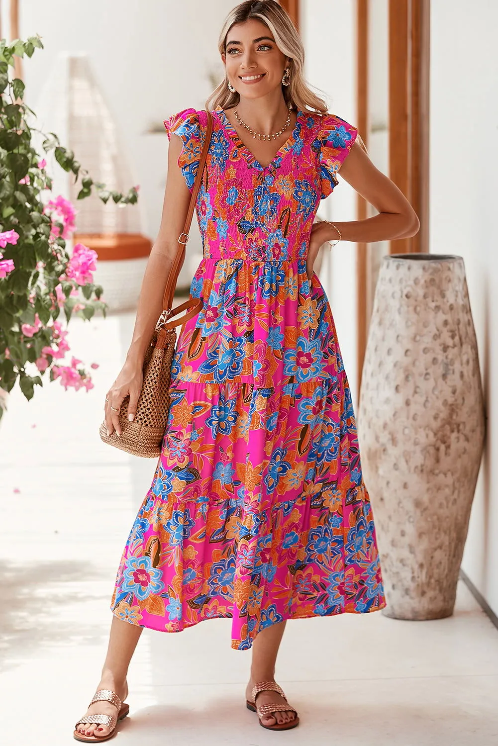 Rose Red Boho Floral V Neck Ruffle Tiered Long Dress - Shop Now