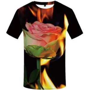 Rose T shirts Men Flame T-shirts 3d Flower Tshirts Novelty Leaf Tshirt Printed Harajuku Tshirts Casual Short Sleeve Punk Rock