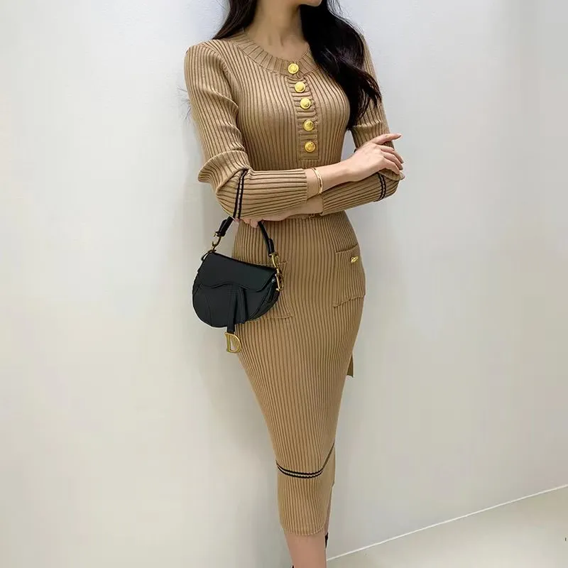 Round Neck Long Sleeve Pocket Lace-Up Contrast Knit Dress