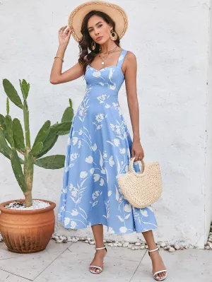 Ruched Backless Floral Print Midi Dress