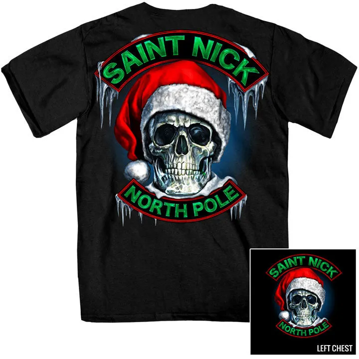 Saint Nick Skull North Pole THE Bikers Christmas T Shirt