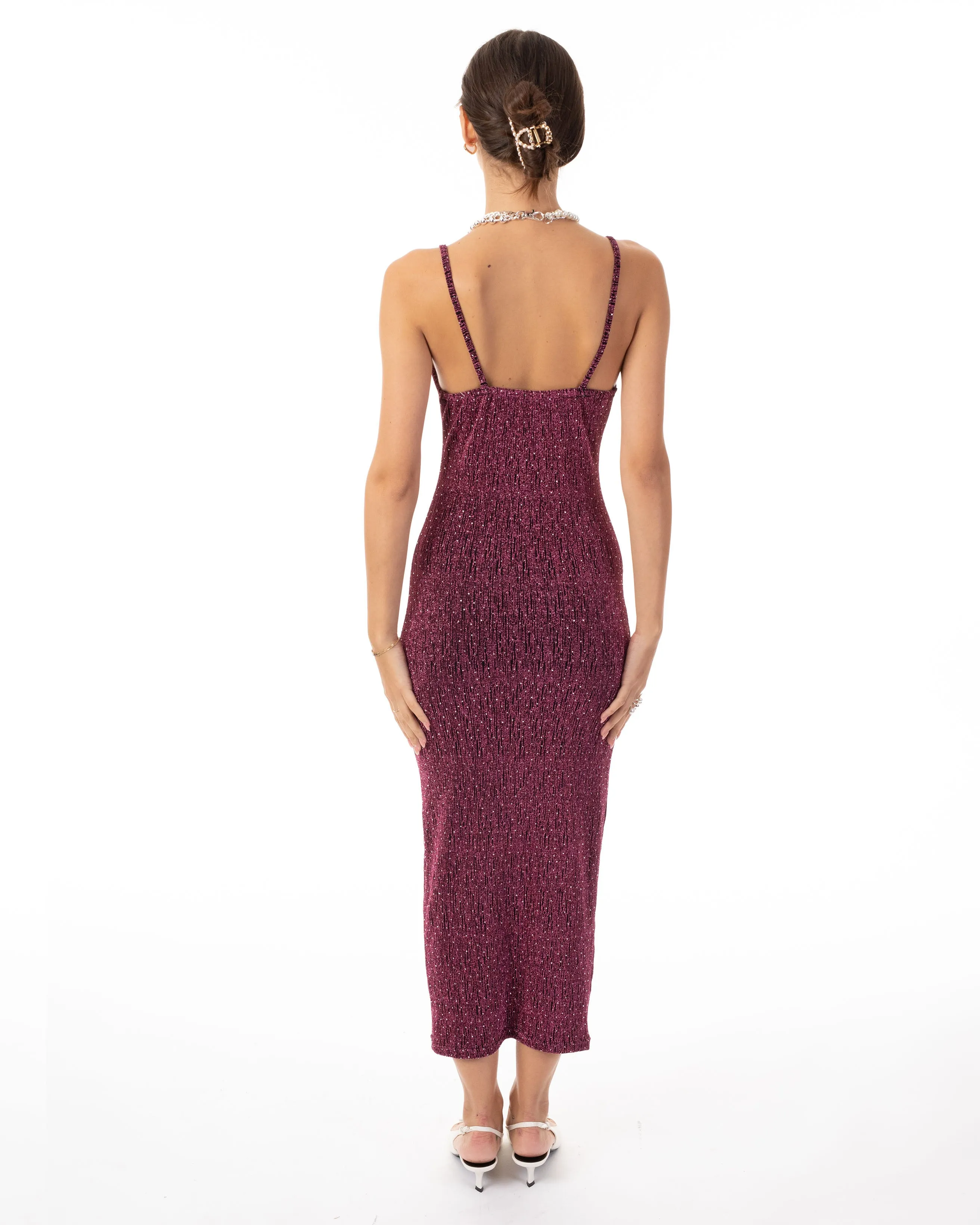 Scooped-neck sleeveless metallic-knit maxi dress in Pink