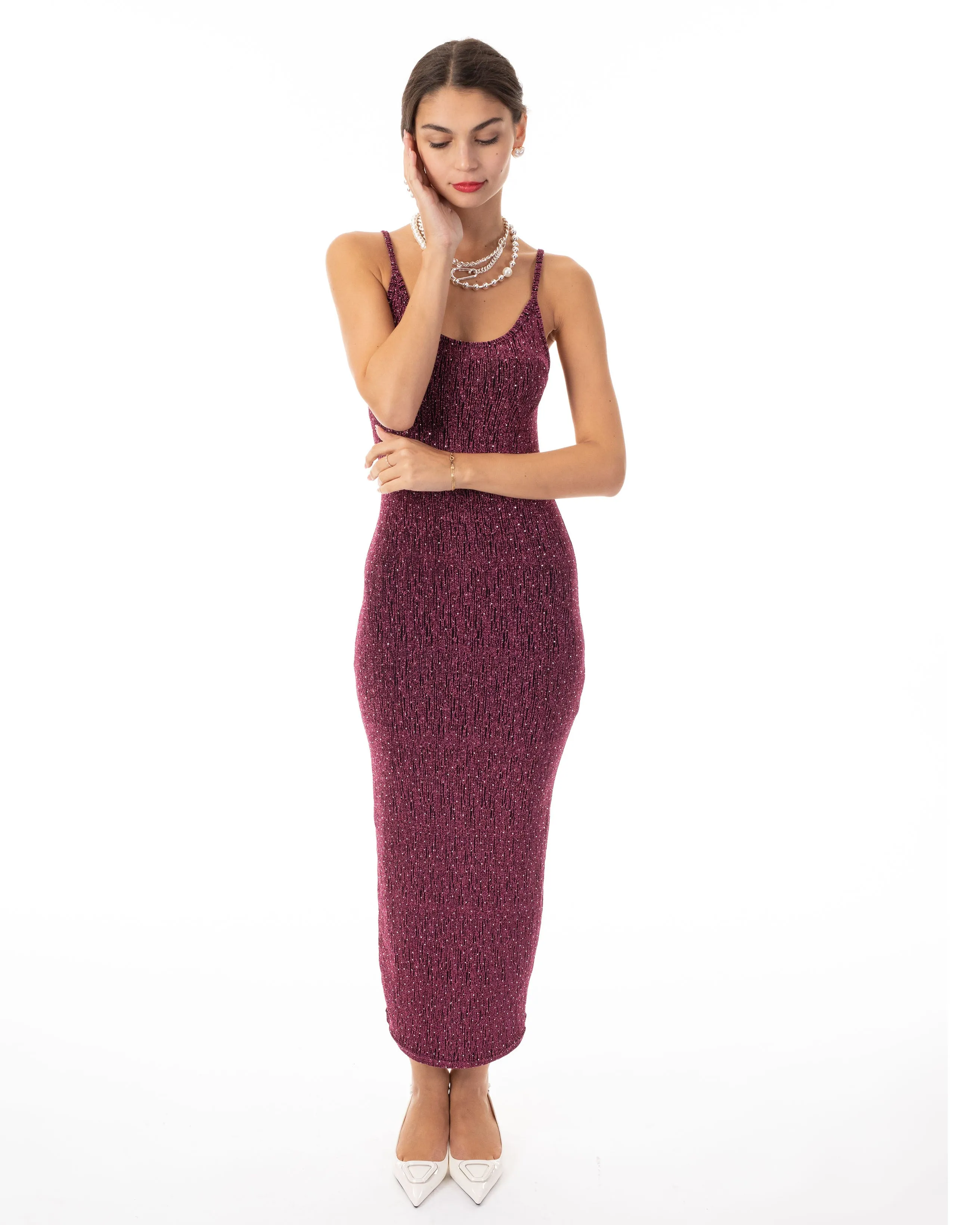 Scooped-neck sleeveless metallic-knit maxi dress in Pink