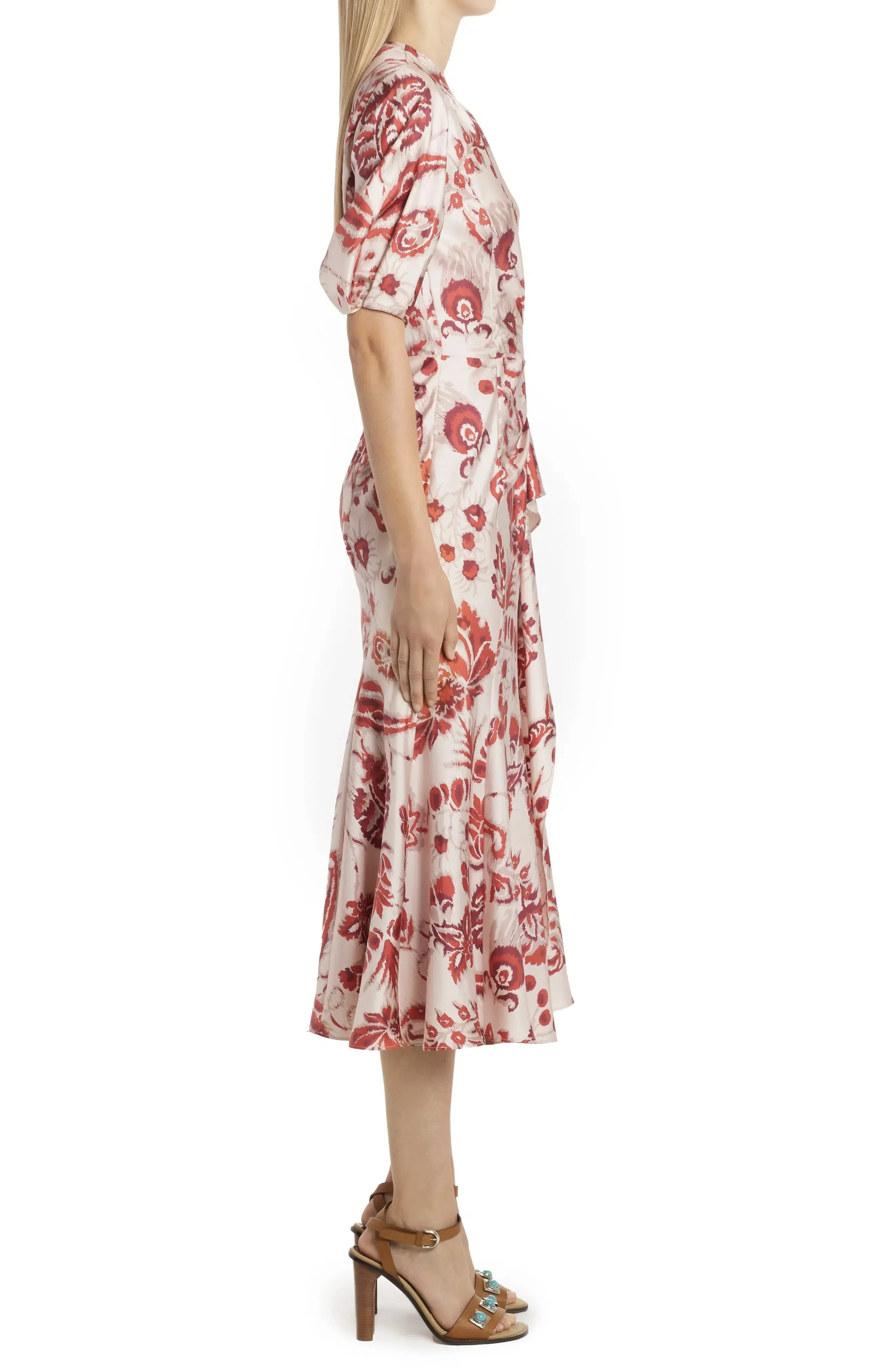 Short Puff Sleeve Ruched Floral DVF Ruffle Midi Mermaid Dress