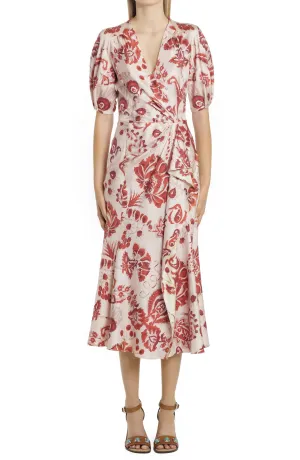 Short Puff Sleeve Ruched Floral DVF Ruffle Midi Mermaid Dress