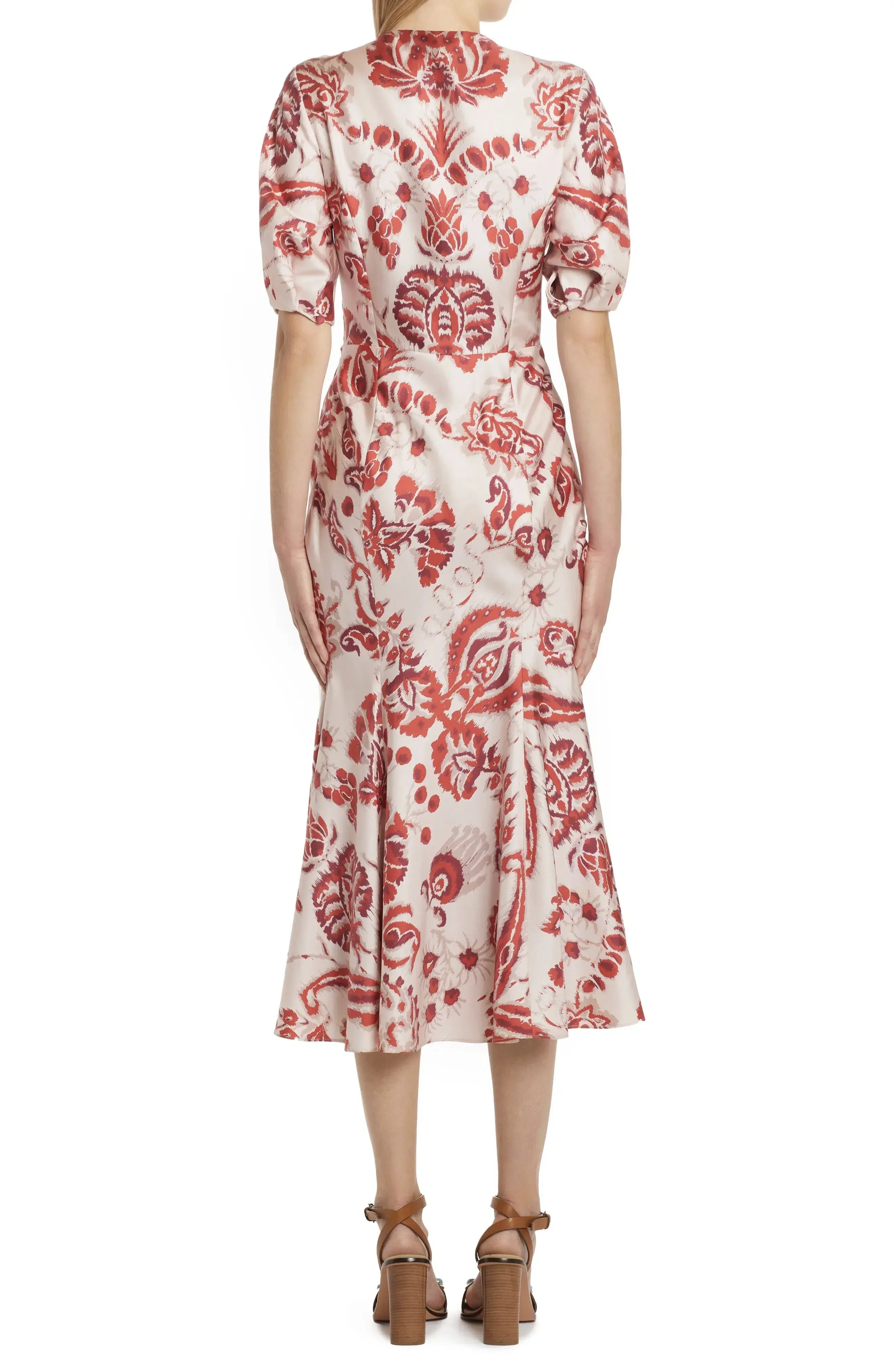 Short Puff Sleeve Ruched Floral DVF Ruffle Midi Mermaid Dress