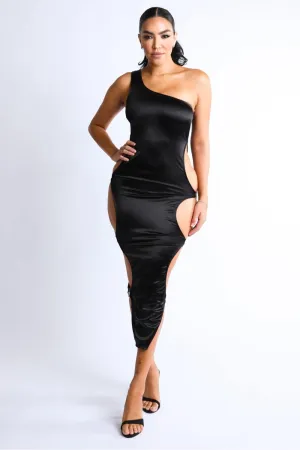 Side Cutout Sexy Knit Satin Maxi Dress