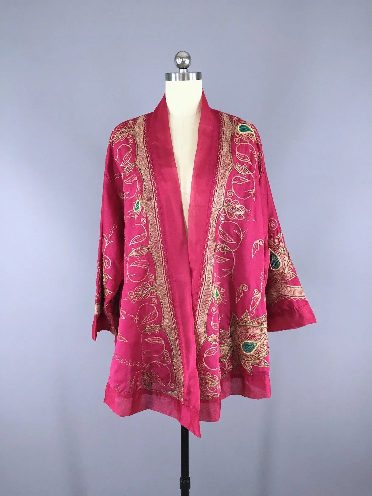 Silk Chiffon Kimono Cardigan / Vintage Indian Sari / Embroidered Pink