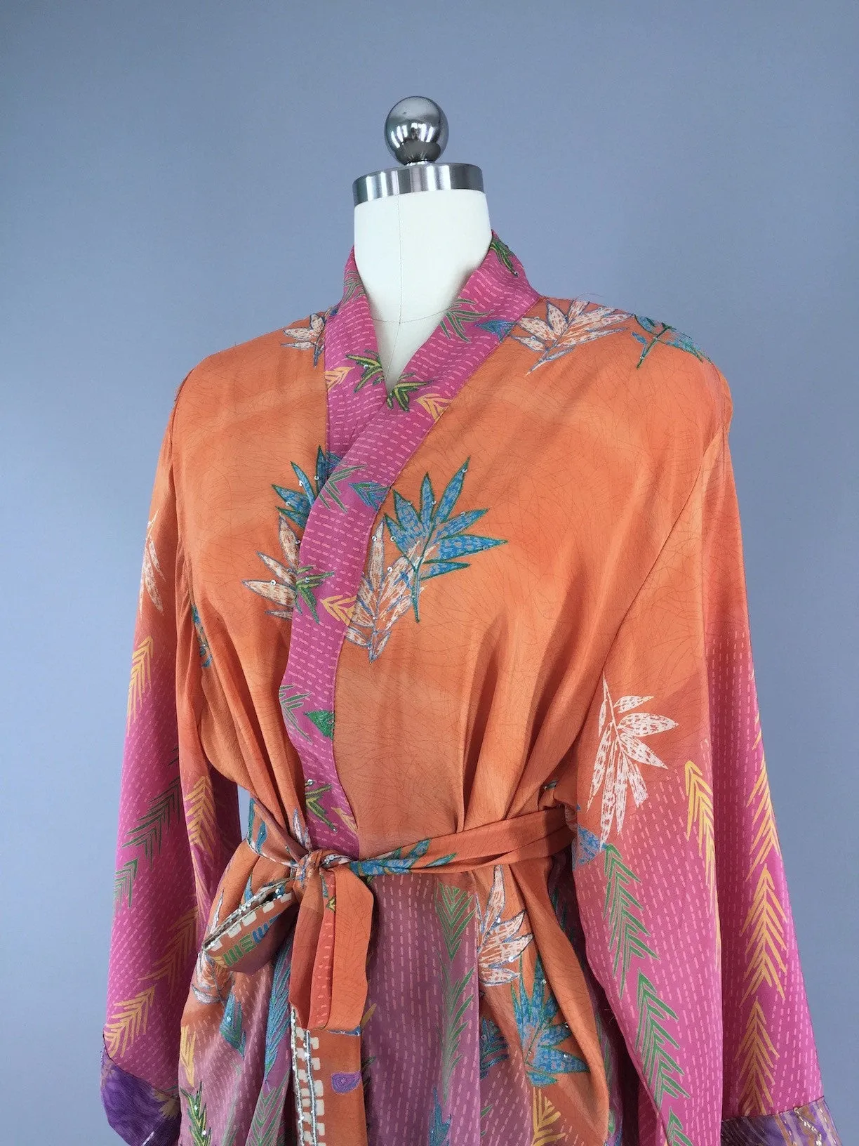 Silk Kimono Cardigan / Vintage Indian Sari / Orange & Pink Floral