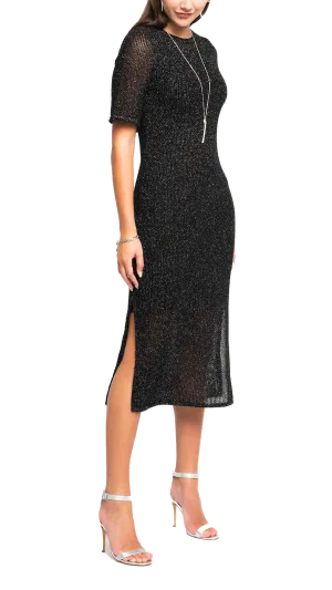 Simona Shimmer Mesh Knit Short Sleeved Long Dress; Black Silver