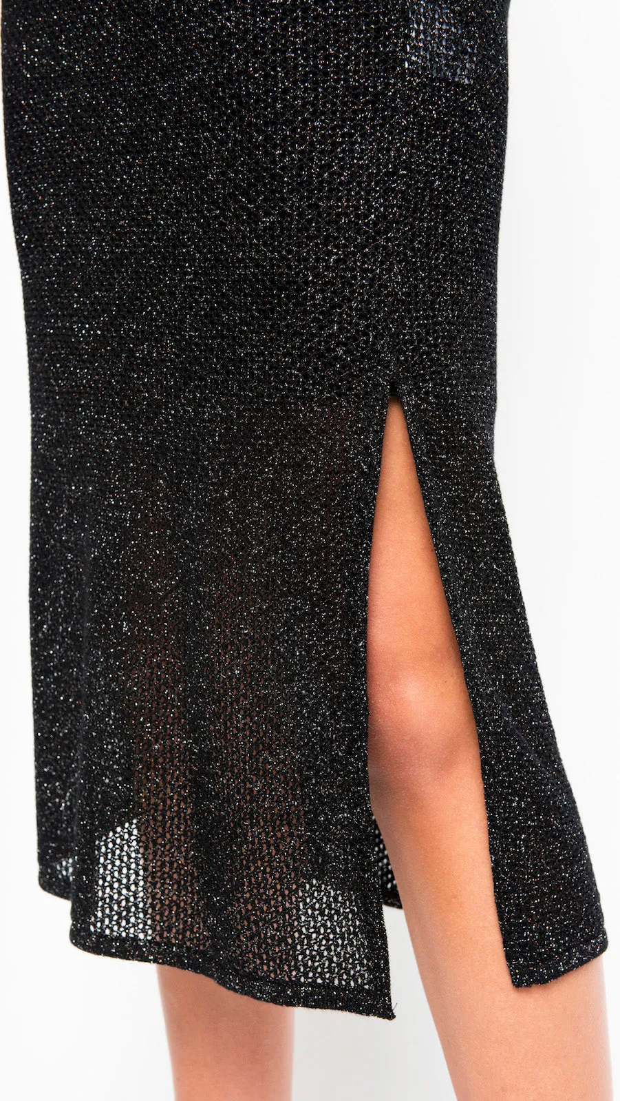 Simona Shimmer Mesh Knit Short Sleeved Long Dress; Black Silver