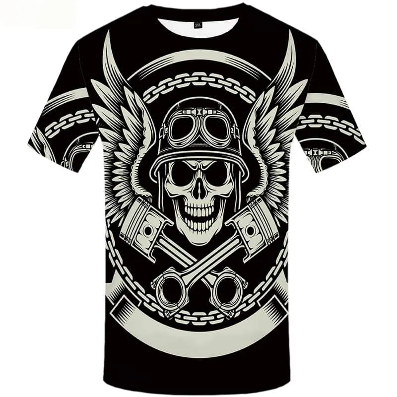 Skull T-shirt Men Black Tshirts Cool Military T shirts Funny Feather Tshirts Casual Punk Rock Tshirt Printed Short Sleeve