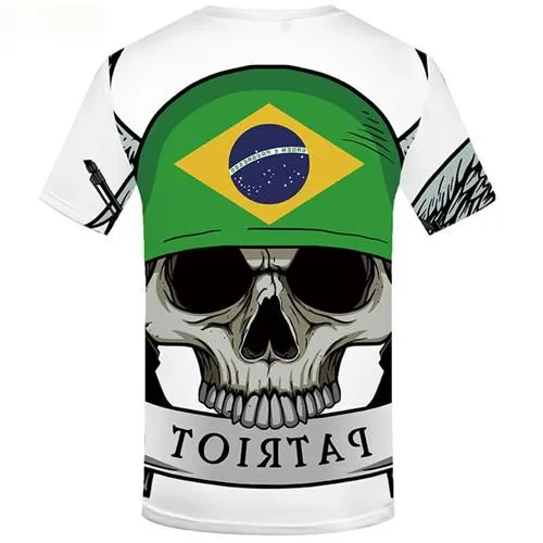 Skull T shirts Men White Tshirt Printed Punk T shirts Funny Brazilian Flag T-shirts Graphic Short Sleeve Fashion Men Tee Top